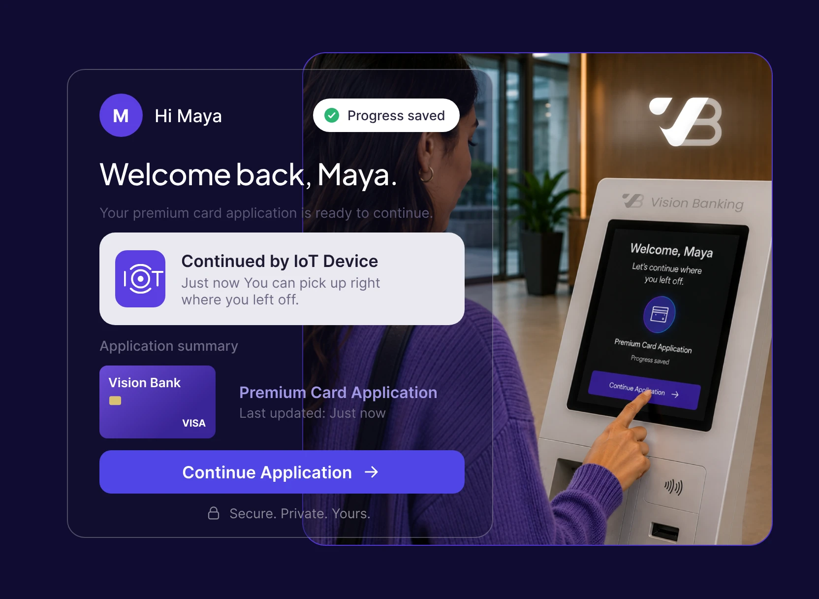 Maya continuing her premium card application at a Vision Bank IoT kiosk
