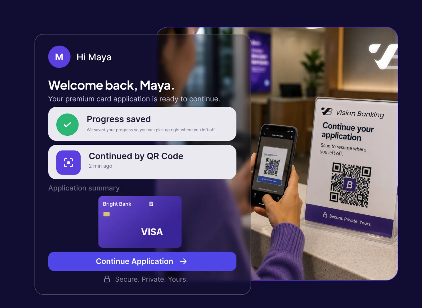 Maya continuing her premium card application by scanning a QR code